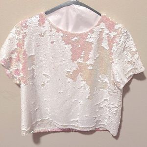 Iridescent White and Pink Sequin Top